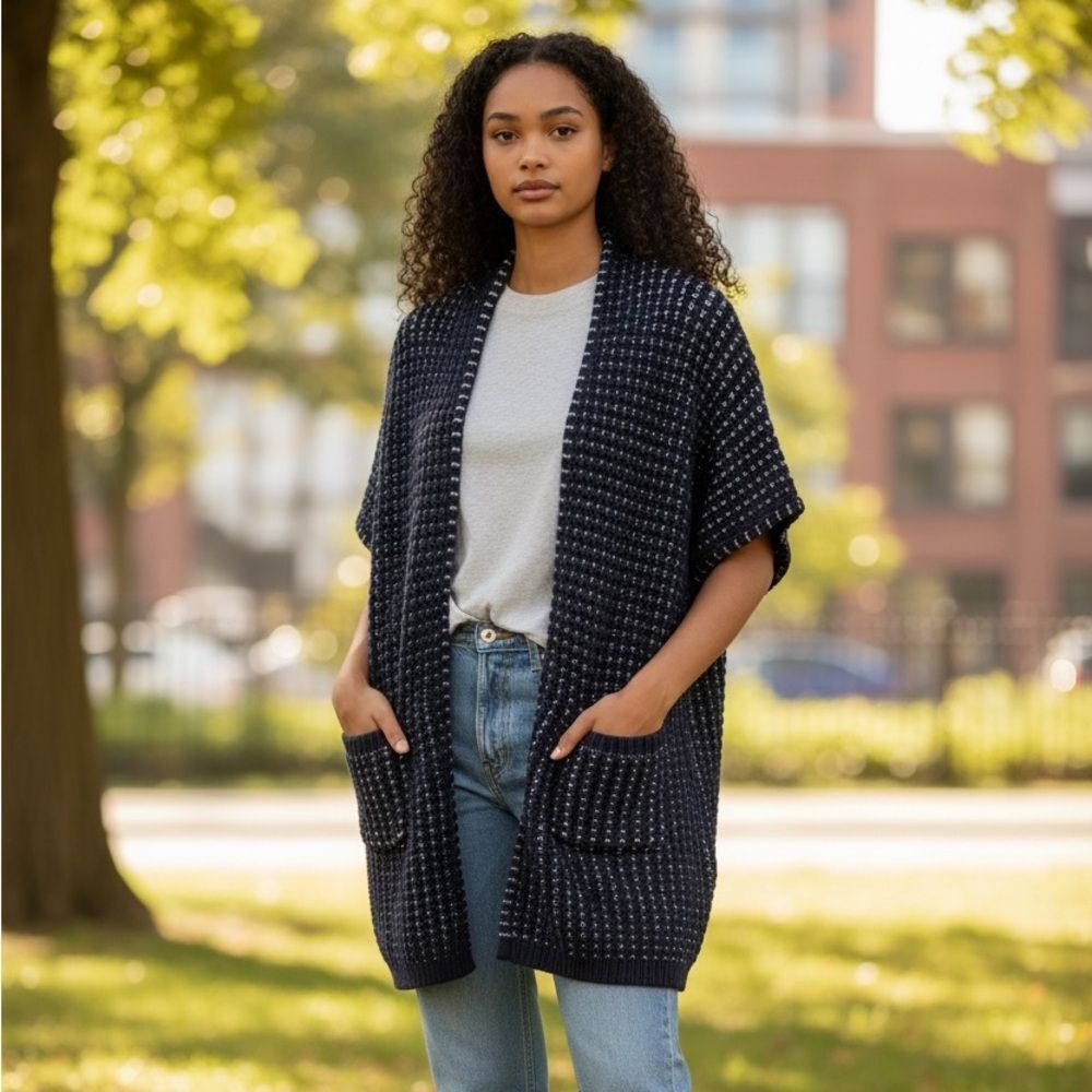 NWT Grey State Cotton Knit  Navy White  Sweater Cardigan with Pockets Sz 1 (S)